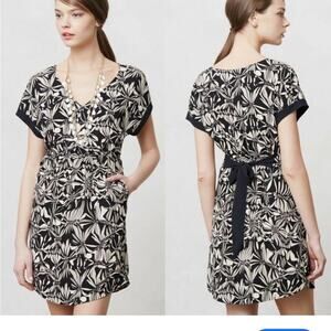 Anthropologie postage stamp dragonfly black and beige printed sonata dress